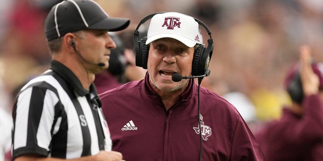 In this Saturday, Sept. 11, 2021 file photo, Texas A&amp;M head coach Jimbo Fisher argues with a referee in the second half of an NCAA college football game against Colorado in Denver. Texas A&amp;M plays Arkansas on Saturday, Sept. 25, 2021. 