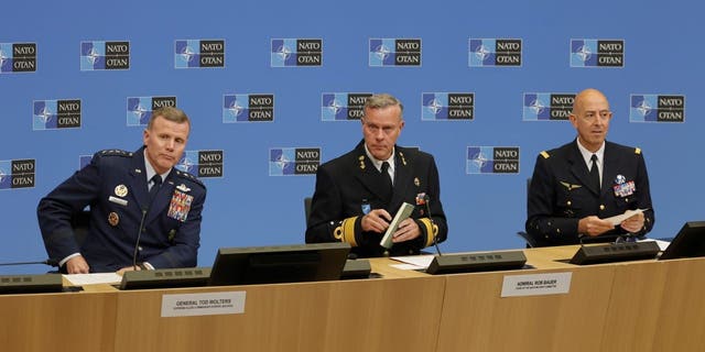 Supreme Allied Commander Europe, General Tod Wolters, left, Chair of the NATO Military Committee, Admiral Rob Bauer, center, and Supreme Allied Commander Transformation, General Philippe Lavigne hold a press Conference after NATO's highest Military Authority, the Military Committee, met in person in the NATO headquarters in Brussels, Thursday, May 19, 2022. 