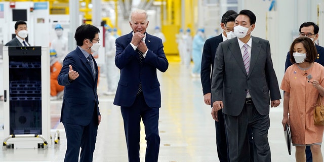 President Biden and South Korean President Yoon Suk Yeol visit the Samsung Electronics Pyeongtaek campus, Friday, May 20, 2022, in Pyeongtaek, South Korea. (AP Photo/Evan Vucci)