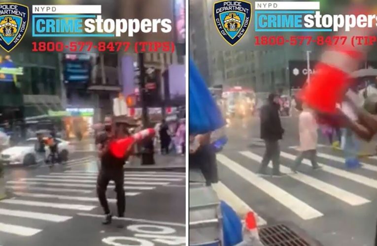 NYC street food vendor attacked in Times Square with milk crate, traffic cones, video shows