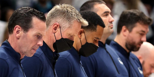 Head coach Steve Kerr of the Golden State Warriors stands for a moment of silence for the victims of the mass shooting at Robb Elementary School in Uvalde, Texas, prior to Game 4 of the 2022 NBA Western Conference finals against the Dallas Mavericks at American Airlines Center May 24, 2022, in Dallas, Texas. 