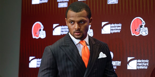 FILE - Cleveland Browns new quarterback Deshaun Watson enters a news conference at the NFL football team's training facility, on March 25, 2022, in Berea, Ohio. 