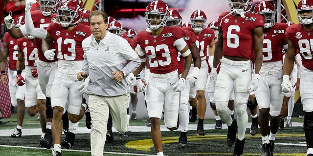 Nick Saban the head coach of the Alabama Crimson Tide against the Georgia Bulldogs at Lucas Oil Stadium on January 10, 2022, in Indianapolis, Indiana.