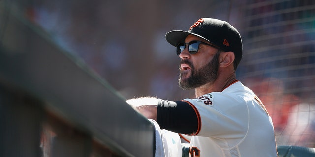 Manager Gabe Kapler #19 of the San Francisco Giants looks on from the dugout during the game Atlanta Braves at Oracle Park on September 19, 2021 in San Francisco.