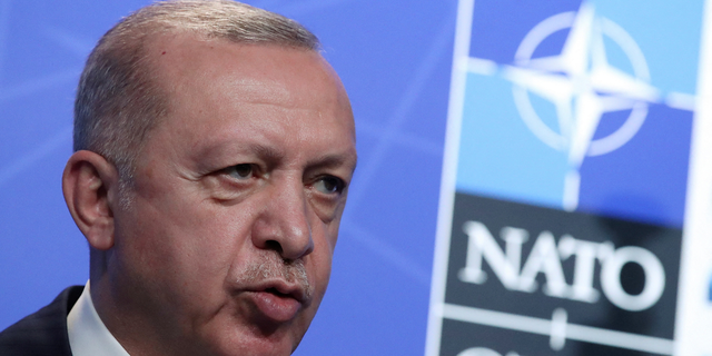 Turkey's President Tayyip Erdogan holds a news conference during the NATO summit at the alliance's headquarters in Brussels, Belgium, on June 14, 2021.