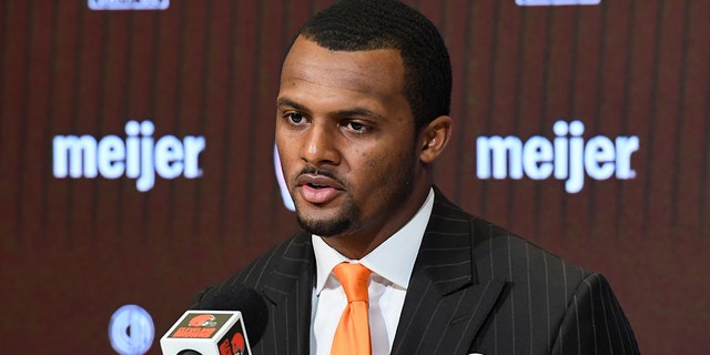 Quarterback Deshaun Watson of the Cleveland Browns speaks during his press conference introducing him to the Cleveland Browns at CrossCountry Mortgage Campus on March 25, 2022, in Berea, Ohio.