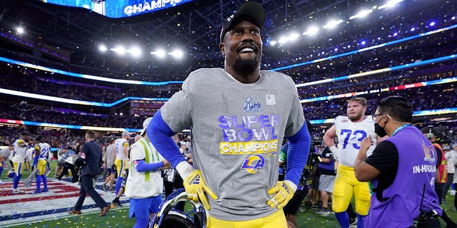 Los Angeles Rams outside linebacker Von Miller (40) celebrates their victory against the Cincinnati Bengals in Super Bowl 56 on Feb. 13, 2022, in Inglewood, Calif.