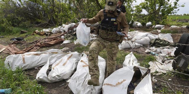 A Ukrainian serviceman works during the exhumation of killed Russian soldiers' at their former positions near the village of Malaya Rohan, on the outskirts of Kharkiv, Wednesday May 18, 2022. 