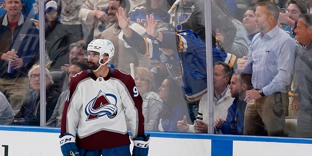 Fans react after a goal by Colorado Avalanche's Nazem Kadri against the Blues Monday, May 23, 2022, in St. Louis.