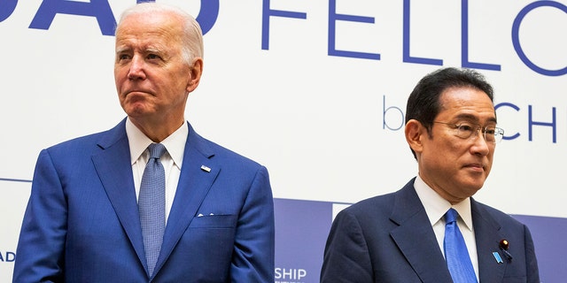 U.S. President Joe Biden, left, and Japanese Prime Minister Fumio Kishida attend the Japan-U.S.-Australia-India Fellowship Founding Celebration event in Tokyo Tuesday, May 24, 2022.