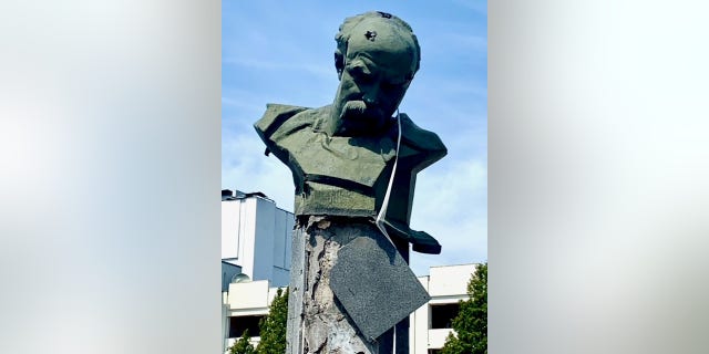 A bullet-ridden statue of Taras Shevchenko. Shevchenko is seen as being one of the most important poets in the country's history