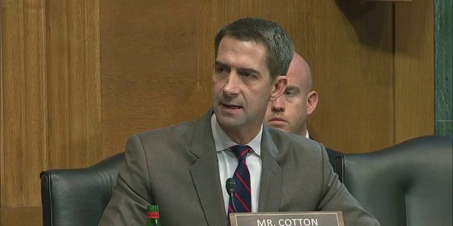 Sen. Tom Cotton, R-Ark., questions President Biden's pick to lead the Bureau of Alcohol, Tobacco, Firearms and Explosives, Steven Dettelbach, Wednesday, May 25, 2022, during a Senate Judiciary Committee hearing.