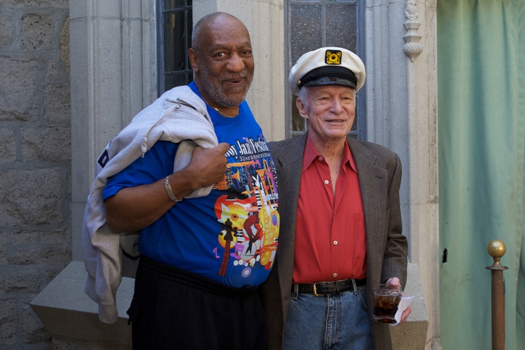 Bill Cosby and Hugh Hefner at The Playboy Mansion on February 10, 2011 in Beverly Hills, California.  
