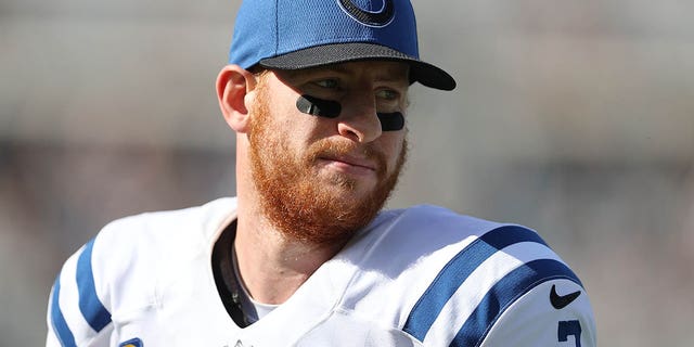 Indianapolis Colts quarterback Carson Wentz (2) before a game between the Colts and the Jacksonville Jaguars Jan. 9, 2022, at TIAA Bank Field in Jacksonville, Fla.