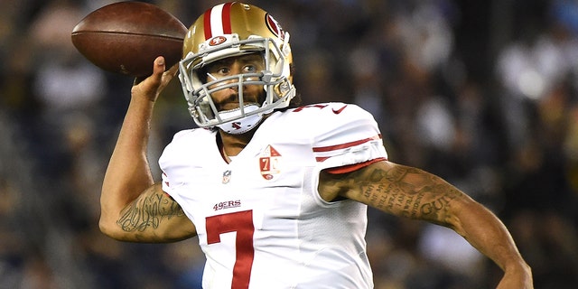 Colin Kaepernick #7 of the San Francisco 49ers makes a pass on the run during a preseason game against the San Diego Chargers at Qualcomm Stadium on September 1, 2016, in San Diego, California. 