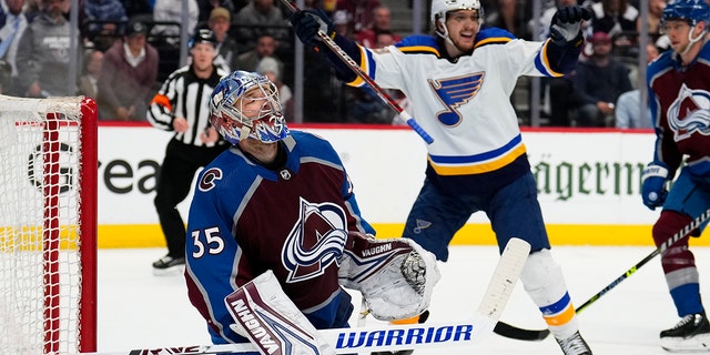 Colorado Avalanche goaltender Darcy Kuemper reacts after giving up a goal during the Stanley Cup playoff series Thursday, May 19, 2022, in Denver.