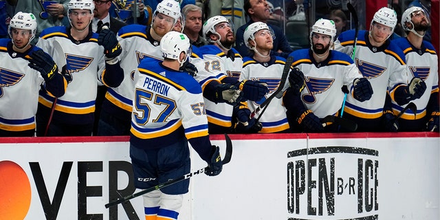 St. Louis Blues left wing David Perron is congratulated for his goal against the Colorado Avalanche Thursday, May 19, 2022, in Denver.