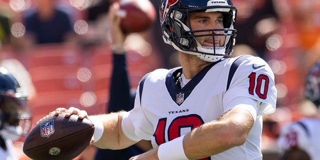 Sep 19, 2021; Cleveland, Ohio, USA; Houston Texans quarterback Davis Mills (10) throws the ball during warmups before the game against the Cleveland Browns at FirstEnergy Stadium.