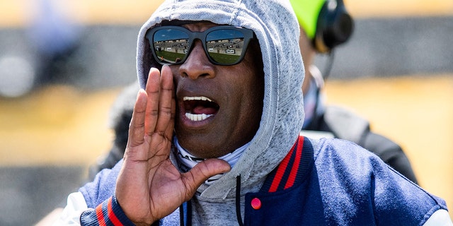 Jackson State head coach Deion Sanders during warm-ups before the Alabama State University game at Hornet Stadium in Montgomery, on March 20, 2021.