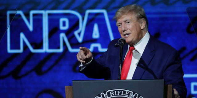 Former president Donald Trump speaks during the Leadership Forum at the National Rifle Association Annual Meeting at the George R. Brown Convention Center Friday, May 27, 2022, in Houston. (AP Photo/Michael Wyke)