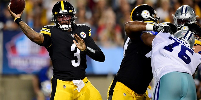 Dwayne Haskins of the Pittsburgh Steelers passes against the Dallas Cowboys at Tom Benson Hall Of Fame Stadium on Aug. 5, 2021 in Canton, Ohio.