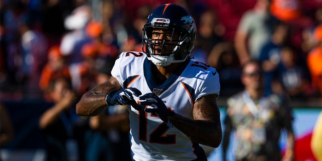 Denver Broncos wide receiver Brendan Langley (12) before an NFL preseason football game against the Los Angeles Rams on August 24, 2019 at the Los Angeles Memorial Coliseum in Los Angeles, Calif.