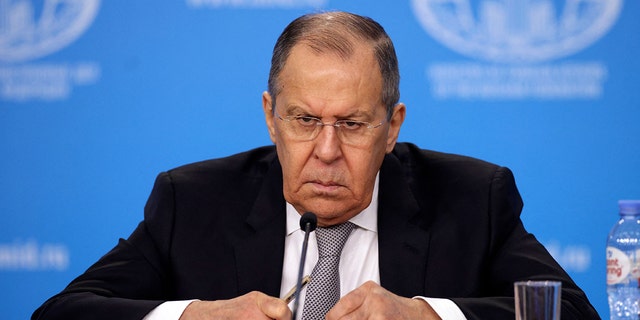 Russian Foreign Minister Sergei Lavrov looks on as he gives an annual press conference on Russian diplomacy in 2021, in Moscow on Jan. 14, 2022.