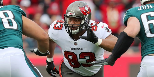 Tampa Bay Buccaneers Defensive End Ndamukong Suh (93) rushes the passer during the NFL Wild Card game between the Philadelphia Eagles and the Tampa Bay Buccaneers on Jan. 16, 2022 at Raymond James Stadium in Tampa, Florida. 