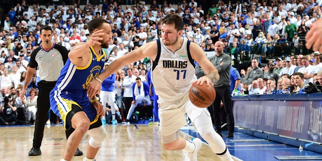 Luka Doncic of the Mavericks drives against the Golden State Warriors on May 24, 2022, at the American Airlines Center in Dallas, Texas.