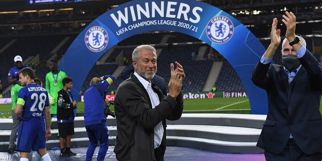 Chelsea FC owner, Roman Abramovich celebrates winning the Champions League following  the UEFA Champions League Final between Manchester City and Chelsea FC at Estadio do Dragao on May 29, 2021 in Porto, Portugal. 