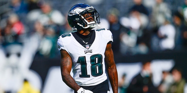 Jalen Reagor of the Philadelphia Eagles warms up before the New York Jets game at MetLife Stadium on Dec. 5, 2021, in East Rutherford, New Jersey.