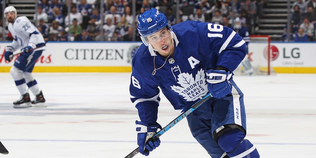 Mitchell Marner of the Toronto Maple Leafs skates against the Tampa Bay Lightning during Game 7 of the first round of the 2022 Stanley Cup Playoffs at Scotiabank Arena May 14, 2022, in Toronto. 