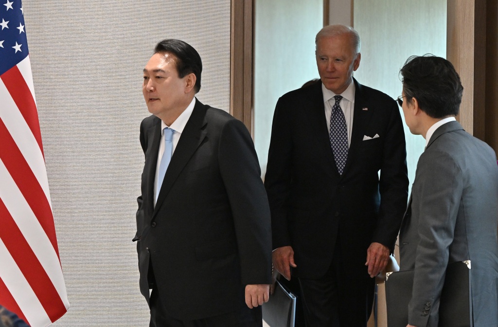 President Joe Biden and President Yoon Suk-yeol arrive to attend their meeting at the presidential office on May 21, 2022 in Seoul, South Korea.