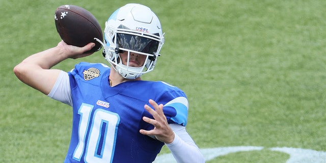 Kyle Sloter #10 of the New Orleans Breakers passes the ball in the third quarter of the game against the Pittsburgh Maulers at Protective Stadium on May 21, 2022, in Birmingham, Alabama.