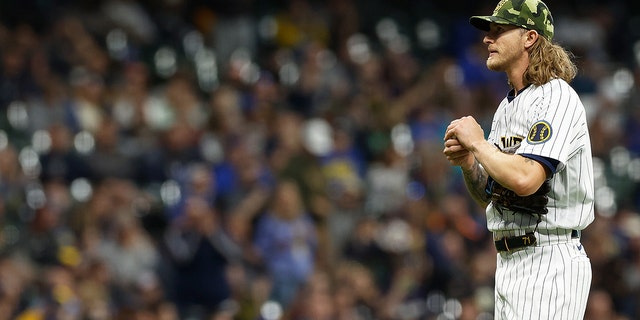 Josh Hader #71 of the Milwaukee Brewers takes the mound in the ninth inning against the Washington Nationals at American Family Field on May 21, 2022 in Milwaukee, Wisconsin. 