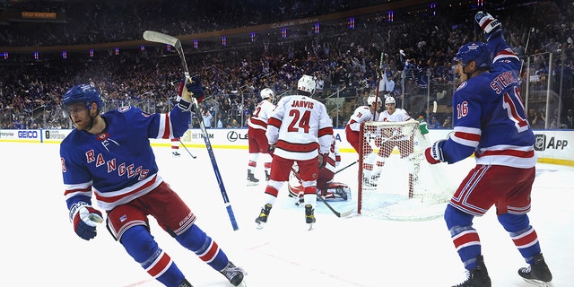 Andrew Copp of the New York Rangers celebrates his third-period goal against the Carolina Hurricanes in game four of the second round of the Stanley Cup Playoffs at Madison Square Garden on May 24, 2022.