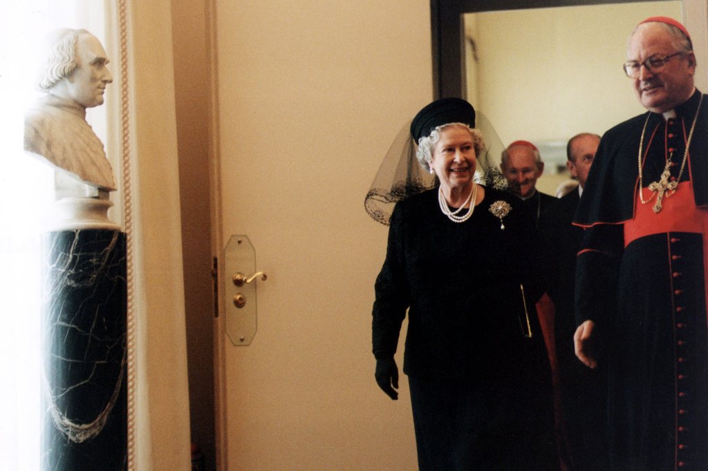 Cardinal Angelo Sodano and Queen Elizabeth II are spotted together during a meeting with Pope John Paul II in Vatican City on October 17, 2000.