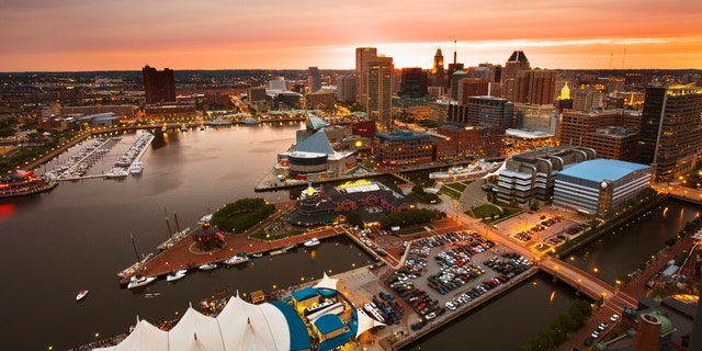 Inner Harbor and downtown Baltimore seen from Marriott Waterfront Hotel