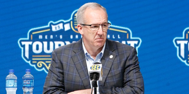 Southeastern Conference Commissioner Greg Sankey during a press conference following the the cancellation of the SEC Mens Basketball Tournament amid COVID-19 concerns prior to play beginning on day two of the tournament, March 12, 2020, at Bridgestone Arena in Nashville, Tennessee.