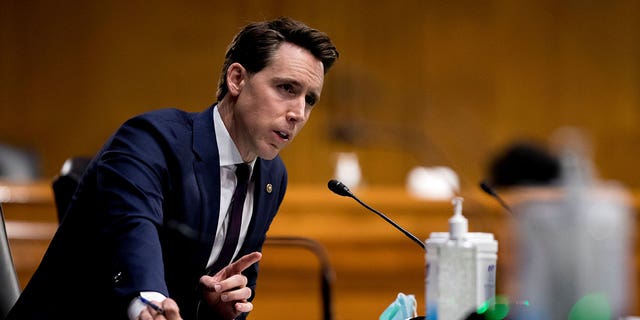 Sen. Josh Hawley, (R-MO), speaks during a Senate Judiciary Committee Hearing "to examine COVID-19 fraud, focusing on law enforcement's response to those exploiting the pandemic", as the outbreak of the coronavirus disease (COVID-19) continues, on Capitol Hill in Washington, U.S. June 9, 2020.