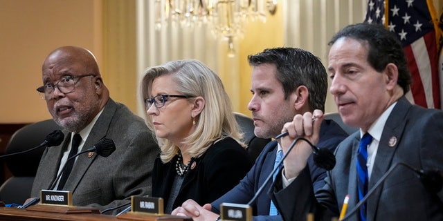 (L-R) Rep. Bennie Thompson, D-Miss., chair of the select committee investigating the January 6 attack on the Capitol, speaks as Rep. Liz Cheney, R-Wyo., vice-chair of the select committee investigating the January 6 attack on the Capitol,  Rep. Adam Kinzinger, R-Ill., and Rep. Jamie Raskin, D-Md., listen during a committee meeting on Capitol Hill on Dec. 1, 2021, in Washington.