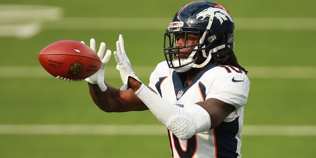 Jerry Jeudy #10 of the Denver Broncos warms up prior to the start of the game against the Los Angeles Chargers at SoFi Stadium on December 27, 2020, in Inglewood, California.