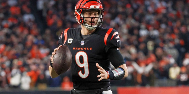 Joe Burrow of the Bengals drops back to pass against the Las Vegas Raiders during the AFC wild card playoff game at Paul Brown Stadium on Jan. 15, 2022, in Cincinnati, Ohio.