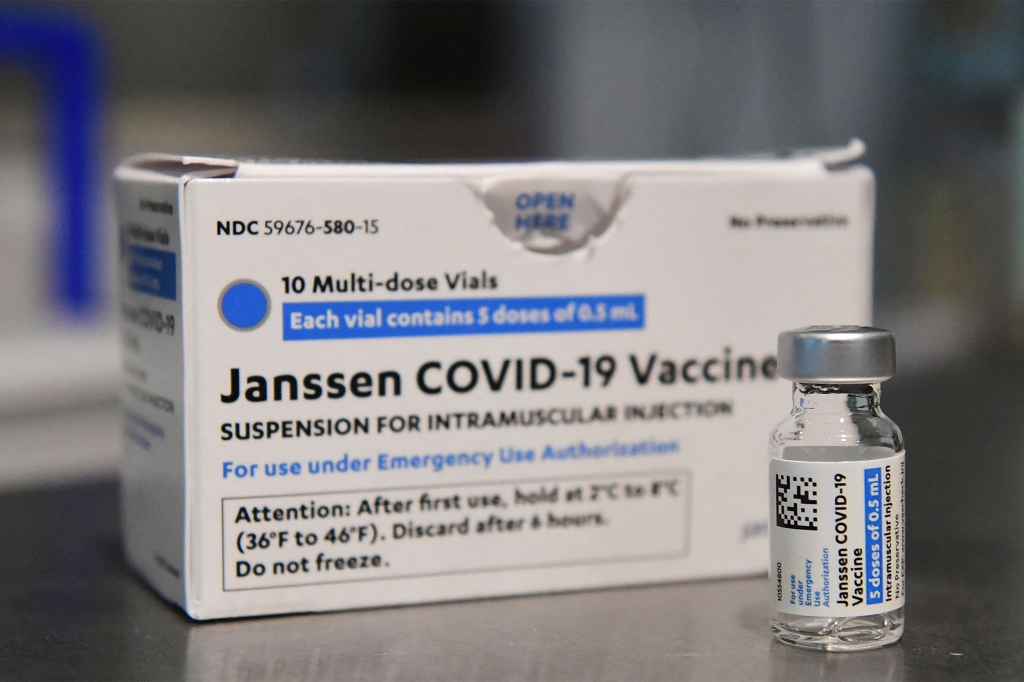 Johnson & Johnson Covid-19 vaccines are seen on a table in Los Angeles.
