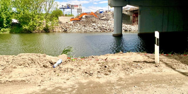 A destroyed bridge in Kyiv, Ukraine.