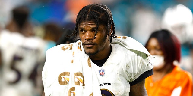 Lamar Jackson #8 of the Baltimore Ravens reacts after losing to the Miami Dolphins 22-10 in the game at Hard Rock Stadium on November 11, 2021, in Miami Gardens, Florida.