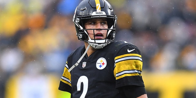 Mason Rudolph #2 of the Pittsburgh Steelers looks on during the game against the Detroit Lions at Heinz Field on November 14, 2021 in Pittsburgh, Pennsylvania.