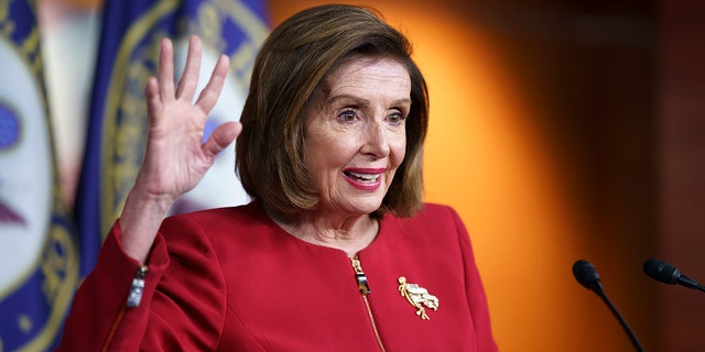 Speaker of the House Nancy Pelosi, D-Calif., meets with reporters at the Capitol in Washington, D.C., on Wednesday, Sept. 8, 2021.