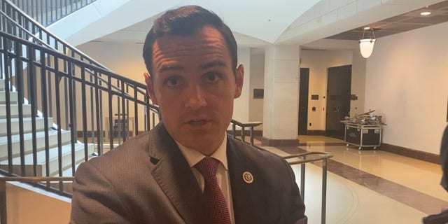 Rep. Mike Gallagher, R-Wis., talks to reporters after leaving a classified briefing on UFOs on May 17, 2022. 