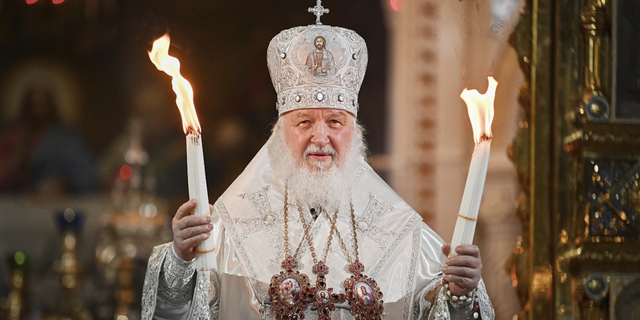 Russian Orthodox Church Patriarch Kirill conducts the Easter service at the Christ the Savior Cathedral in Moscow, Russia, on Saturday, April 23.